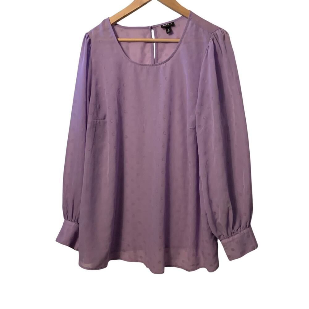 Torrid Womens Chiffon Clip Dot Top Size 2x Purple Puff Sleeve Semi Sheer Keyhole - Picture 6 of 9